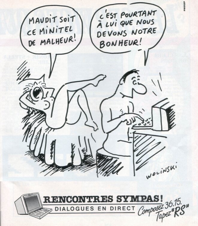 Dessin de Wolinski dans une pub in La Revue du Minitel 1987 Dessin de Wolinski dans une pub in La Revue du Minitel 1987